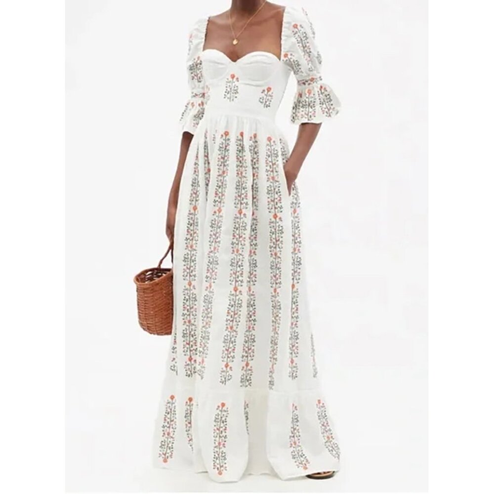 RARE! Agua by Agua Bendita White Maxi Dress with Peach & Green Floral Embroidery